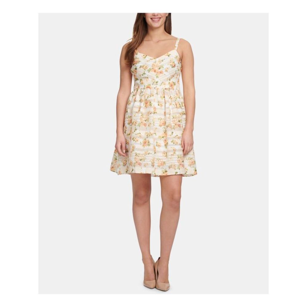 KENSIE Womens Yellow Floral Spaghetti Strap Mini Fit + Flare Dress Size: 2 - Picture 1 of 2